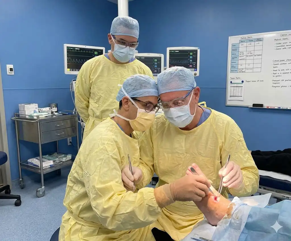 A clinical medical setting where two surgical medical professionals wearing light yellow gowns, hair nets, protective glasses, and blue face masks carefully perform a medical procedure on a patient's foot. A third medical professional stands behind them watching, and medical monitoring screens are visible on the blue wall in the background.