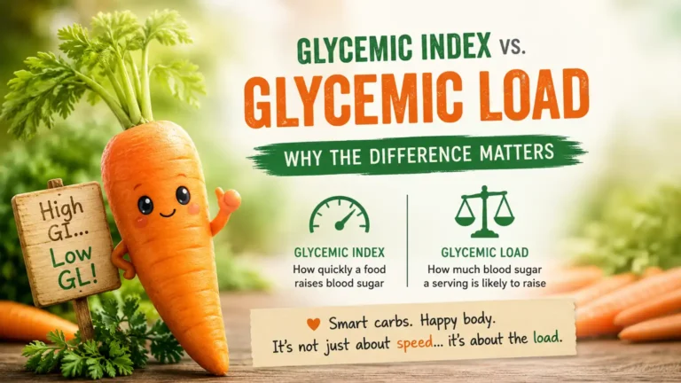 Cute cartoon carrot holding a "High GI, Low GL" sign beside a graphic explaining the difference between glycemic index and glycemic load.