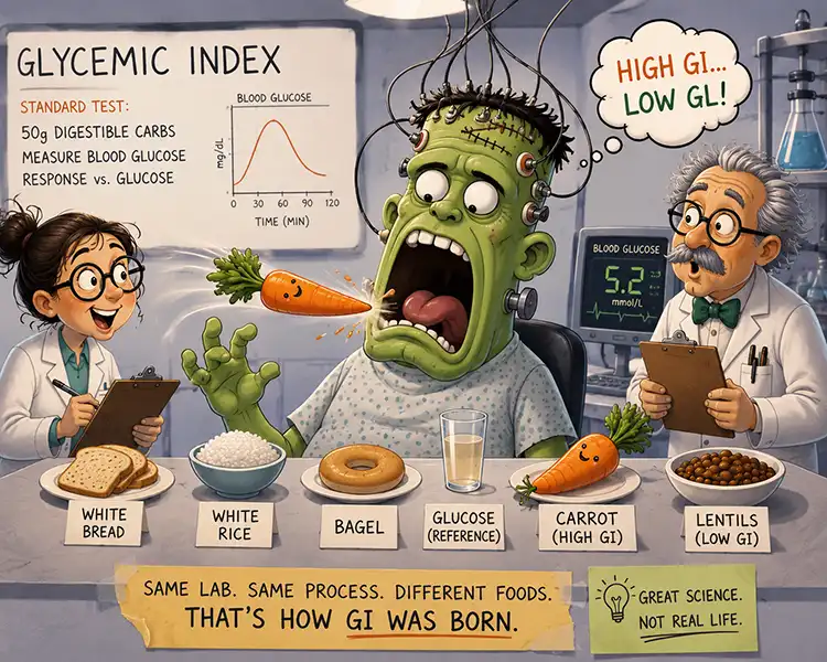 Frankenstein eating foods in a lab to test glycemic index